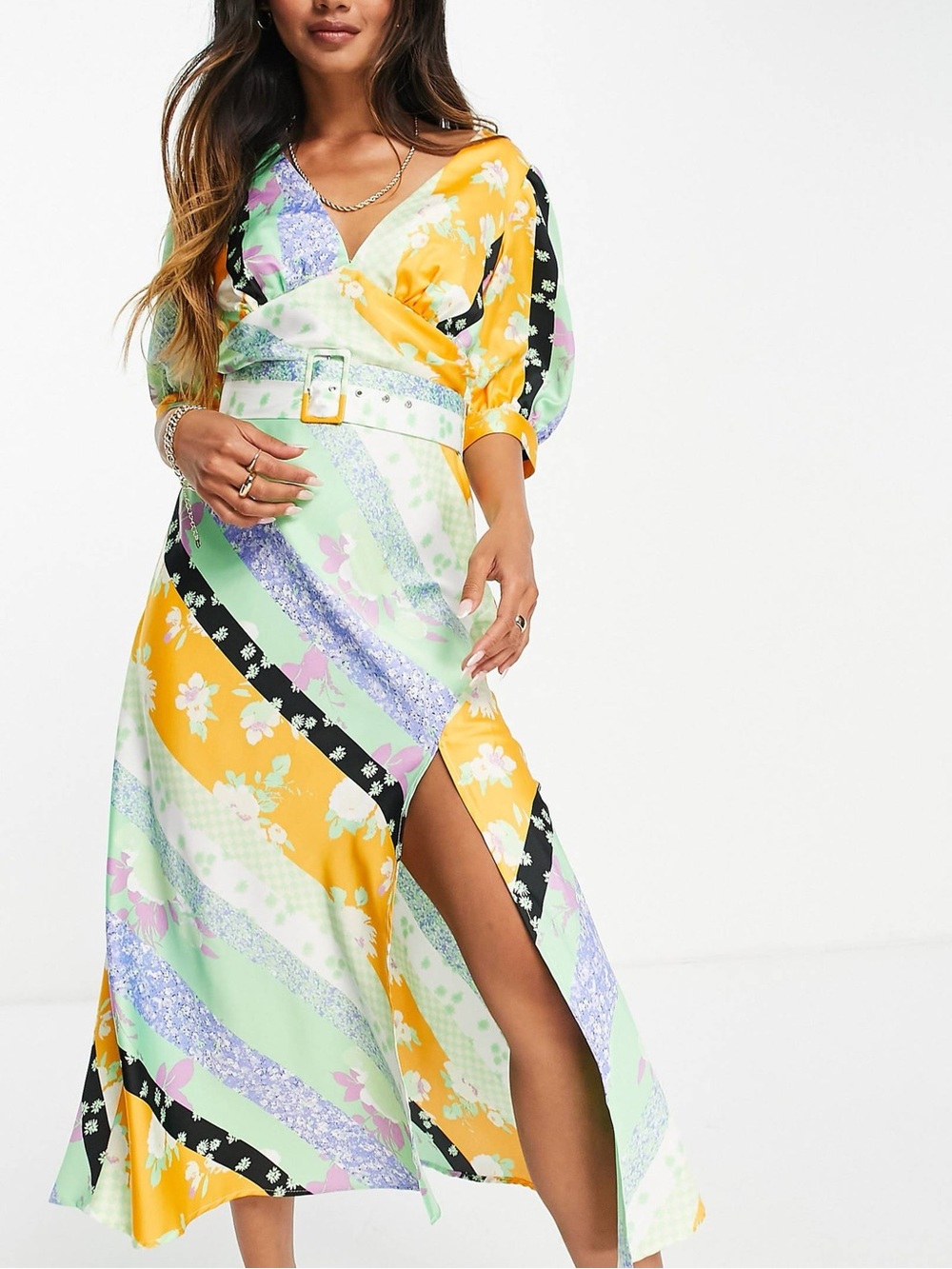 ASOS DESIGN belted midi tea dress in mixed floral print